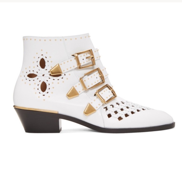 CHLOÉ Susanna Cutout Studded Leather Ankle Boots In White